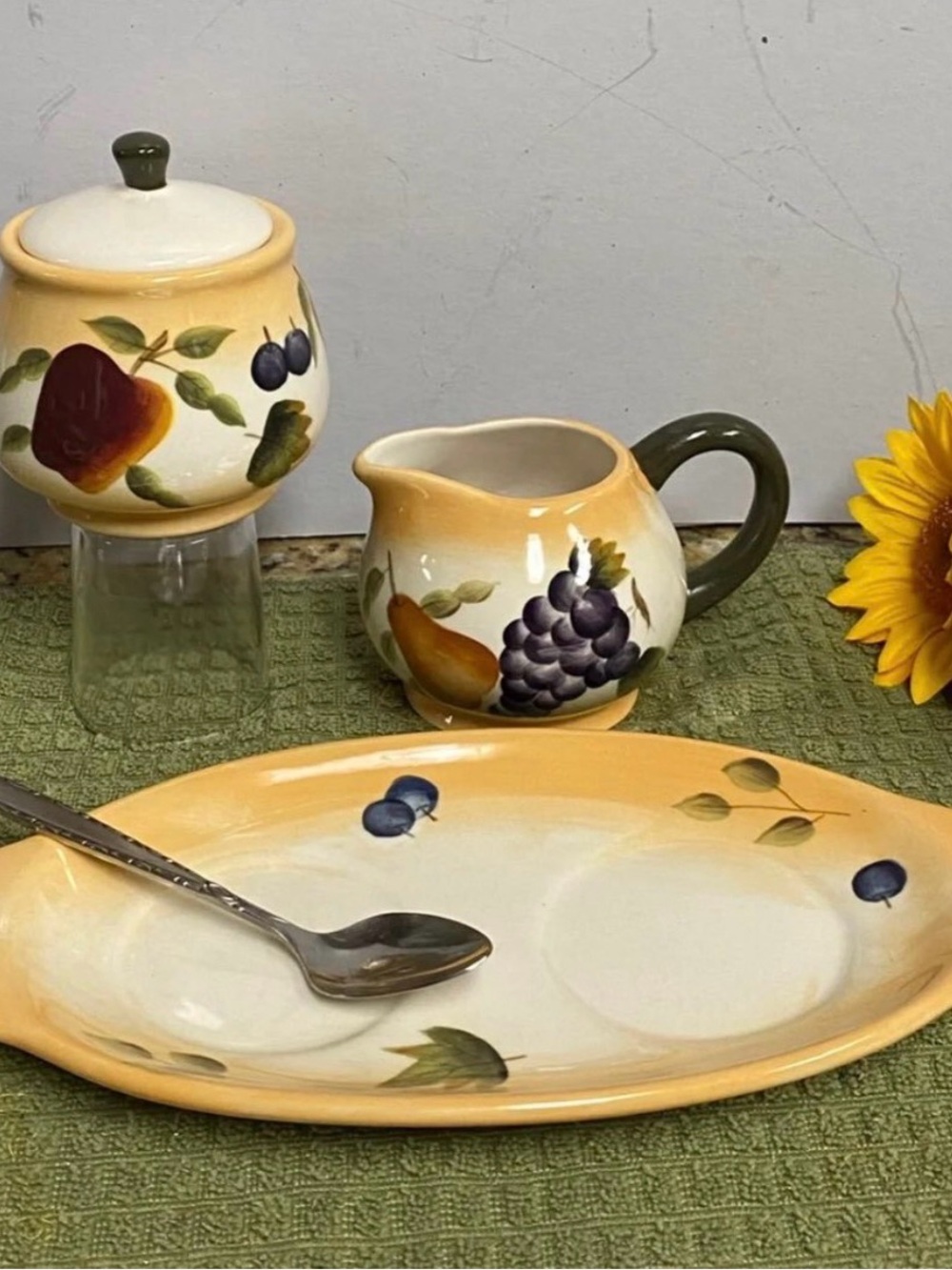 Vintage Sonoma Villa Fruits pattern Sugar and Creamer with spoon rest Set
